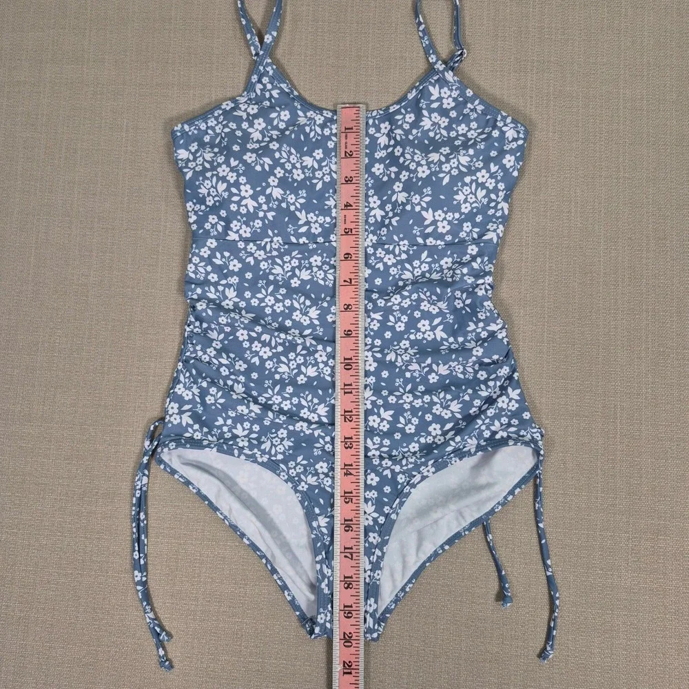 Girls Blue White Ditsy Floral Ruched One Piece Swimsuit Size 13-14Y